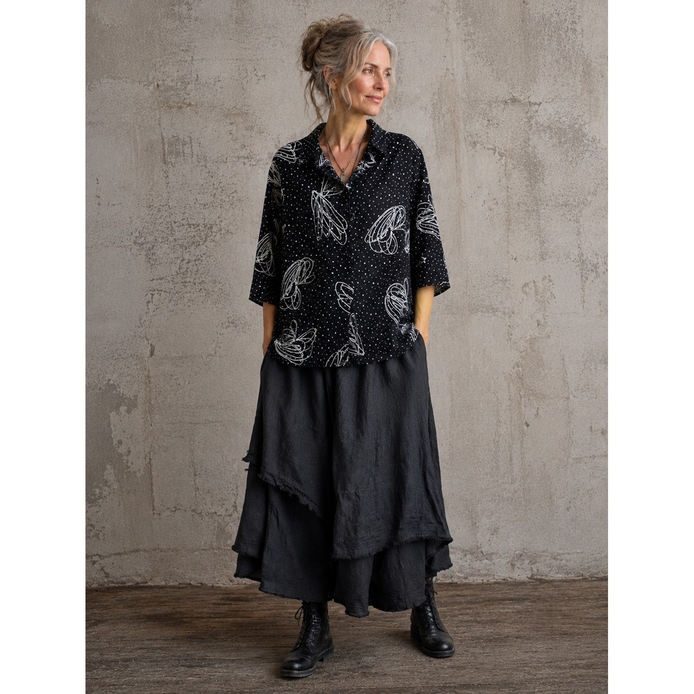 Moonlight‎ Y&S Fashion Design Black Polka Dot Abstract Print Lagenlook Shirt- XL